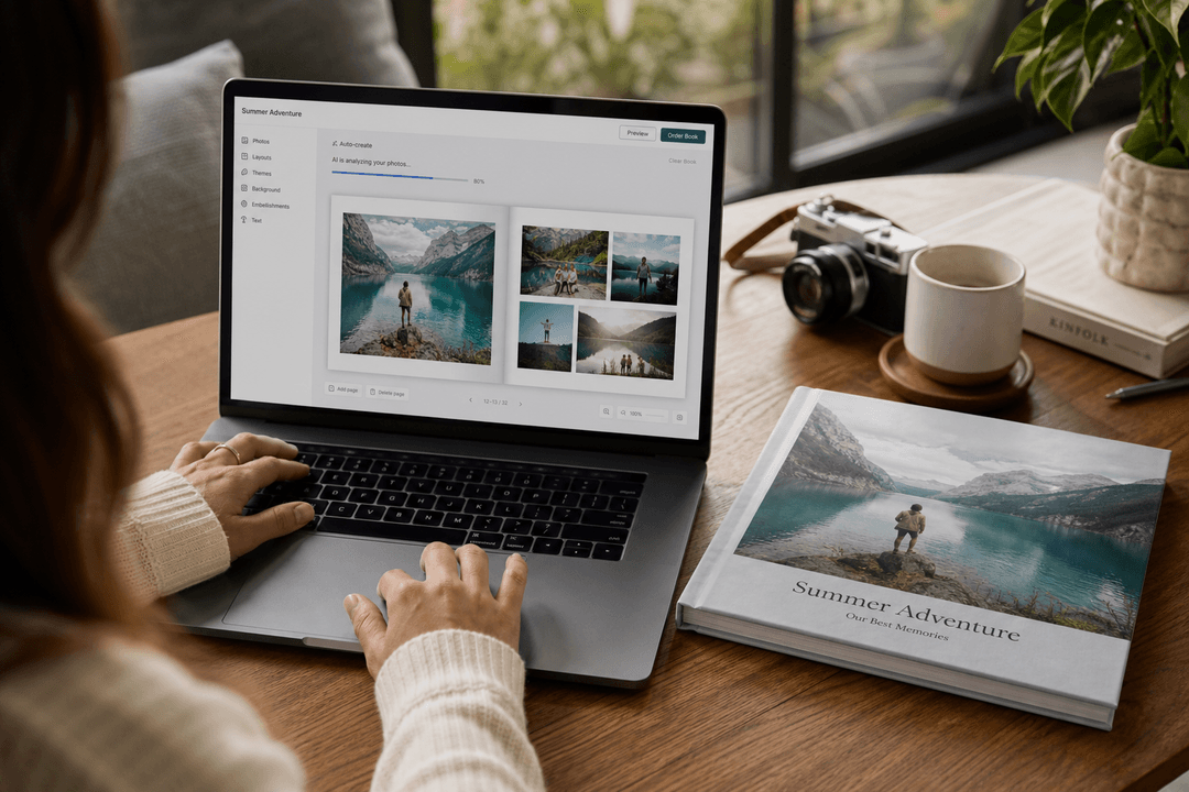 Person creating a photo book online with AI assistance on a laptop
