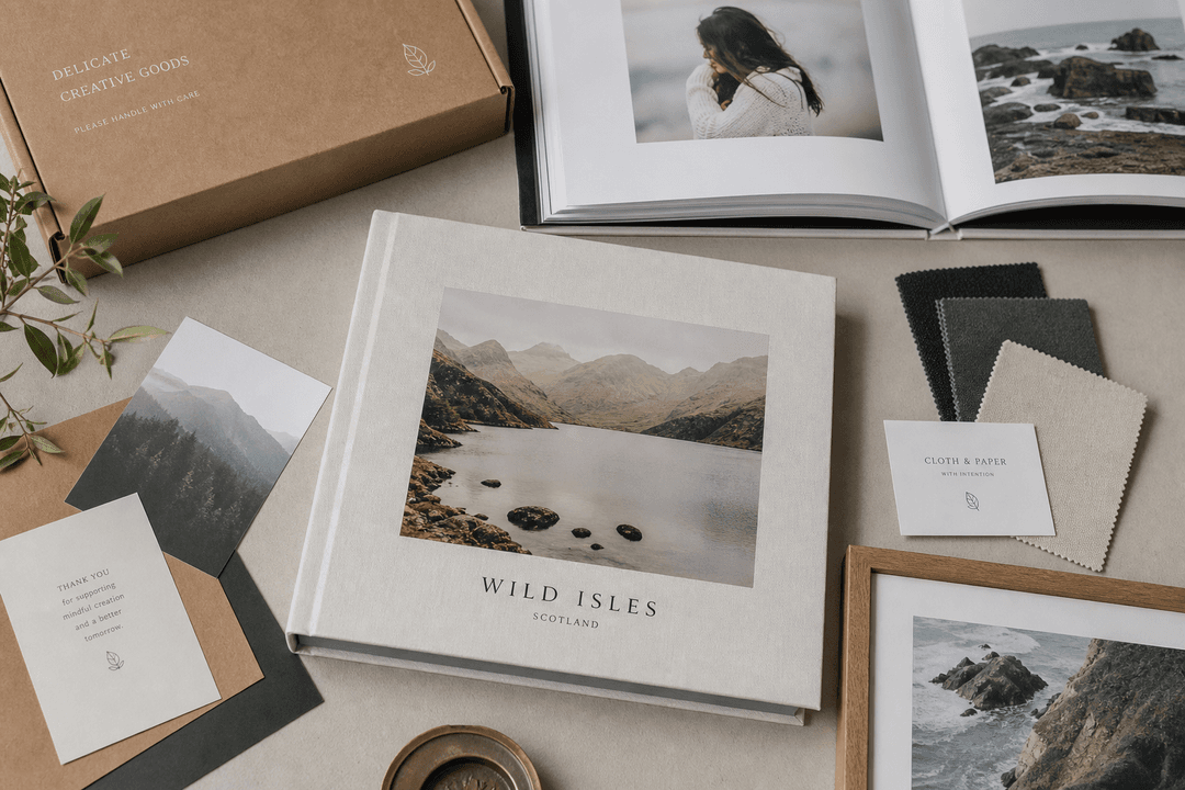 Premium photo books, wall art samples, and recyclable packaging on a table