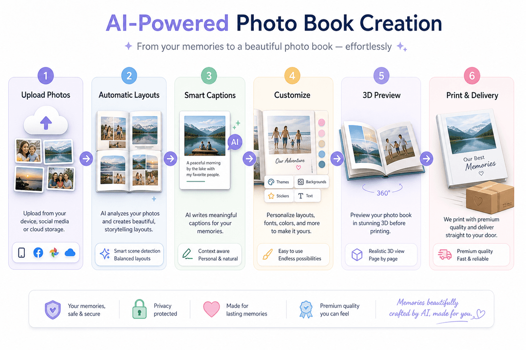 Infographic showing AI photo book workflow from upload to print delivery