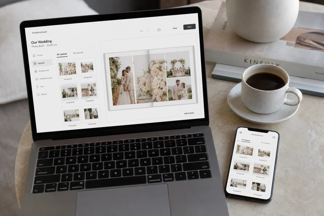 Wedding photo book creation on laptop and smartphone