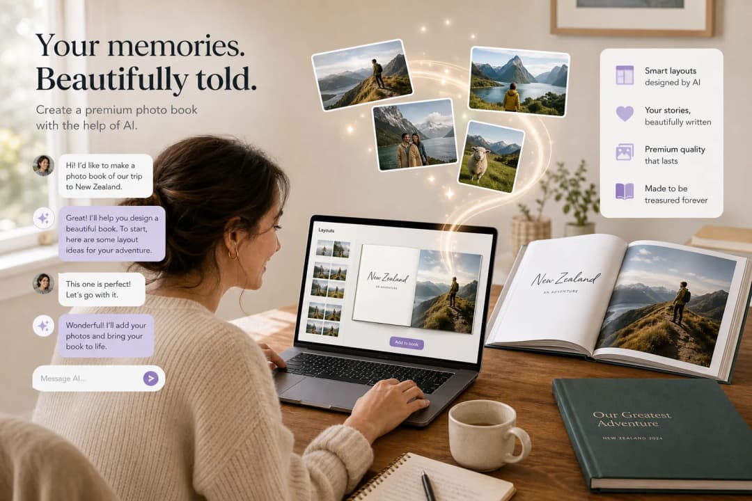 Illustration of creating a premium photo book with AI in chat