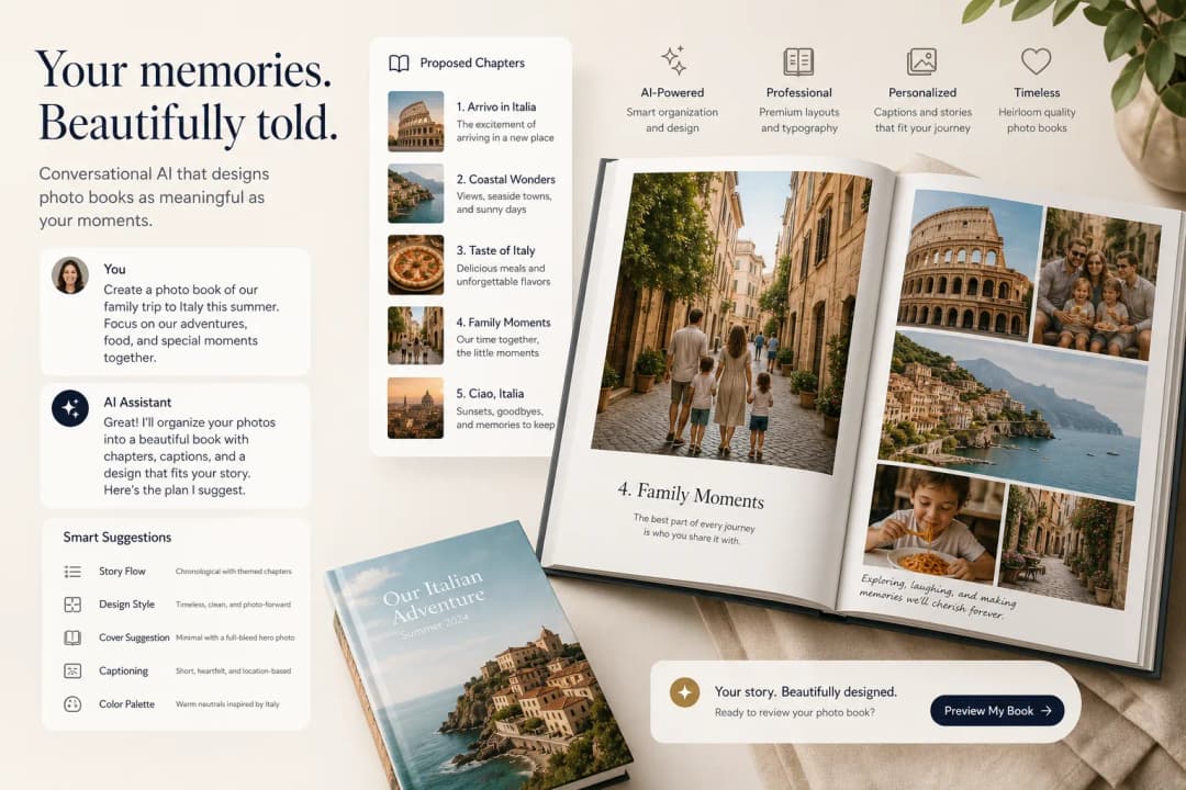 Illustration of AI organizing travel and family photos into chapters and layouts