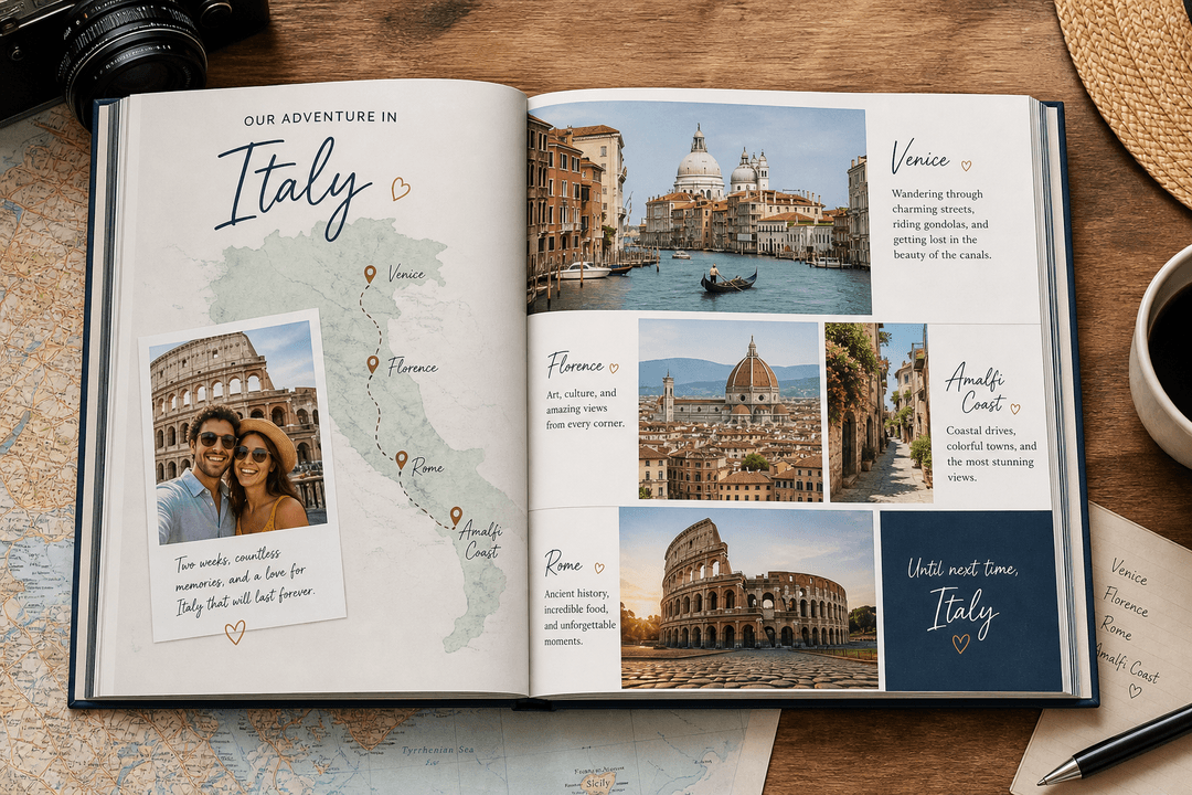 Travel-themed photo book with maps and scenic layouts