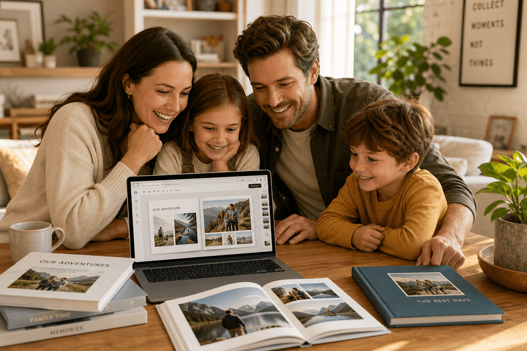 Illustration of a family designing a photo book online at home