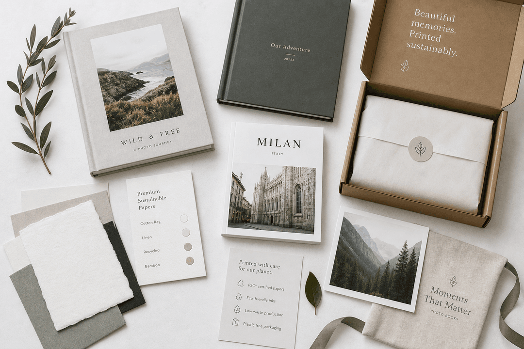 Flat lay of premium photo books, paper samples, and recyclable packaging
