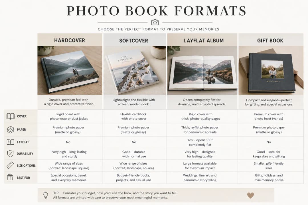Comparison infographic of photo book formats