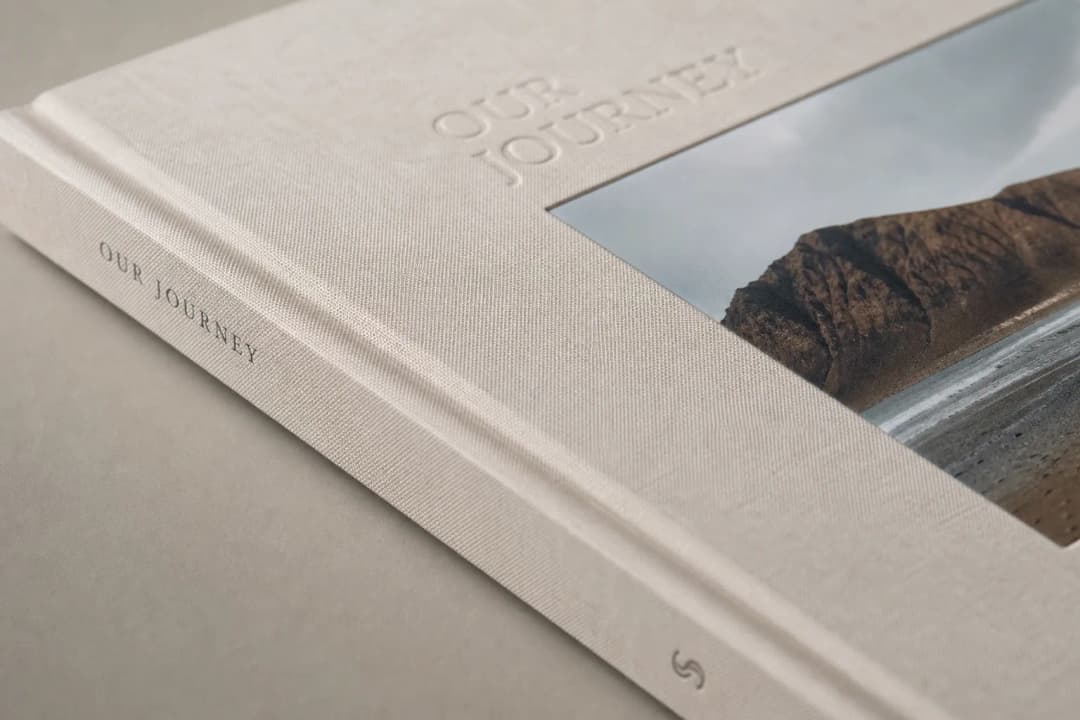 Close-up of custom photo book cover materials and finishes
