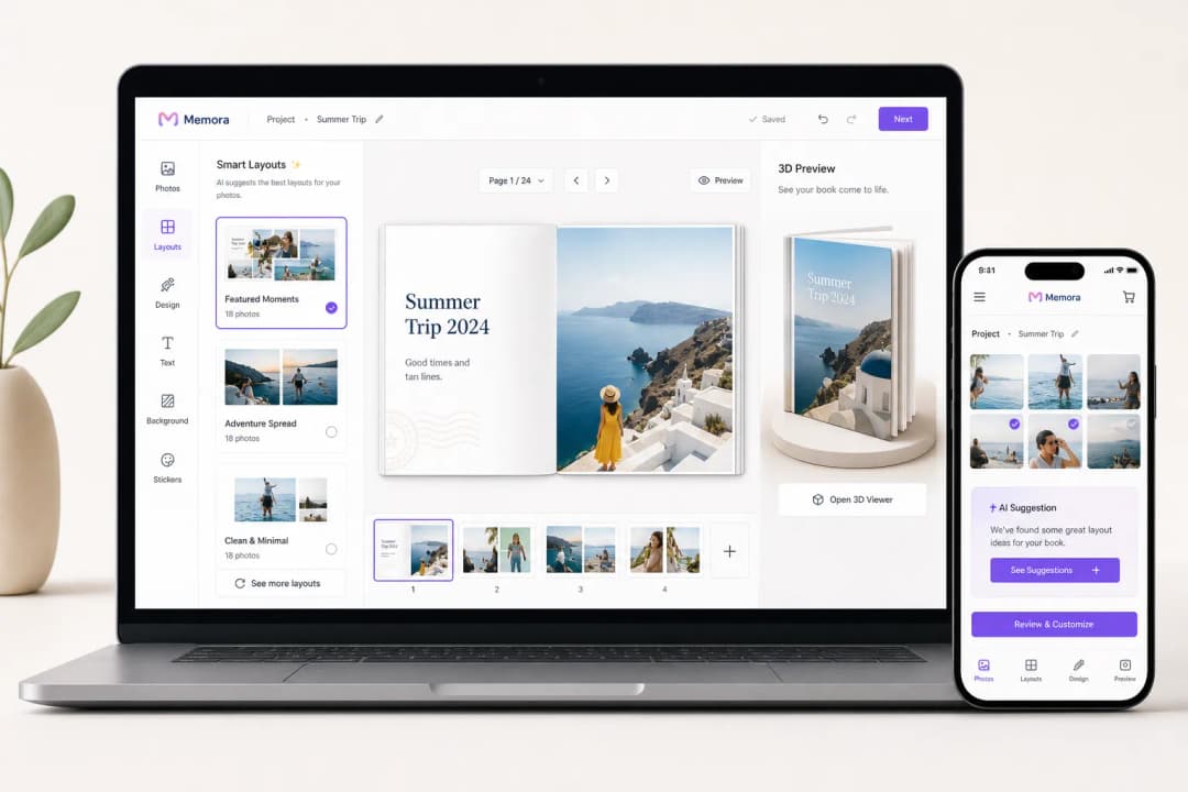 AI-powered online photo book creator interface concept
