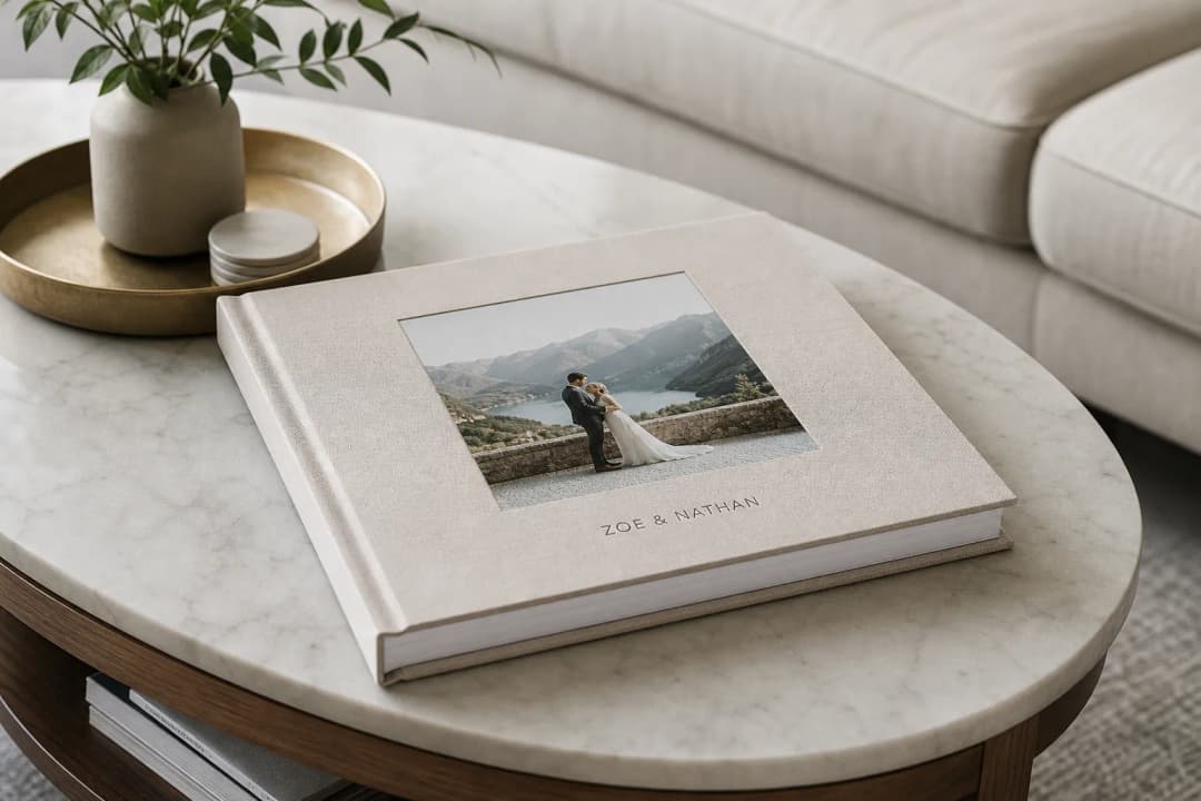 Premium custom photo book album on a modern coffee table