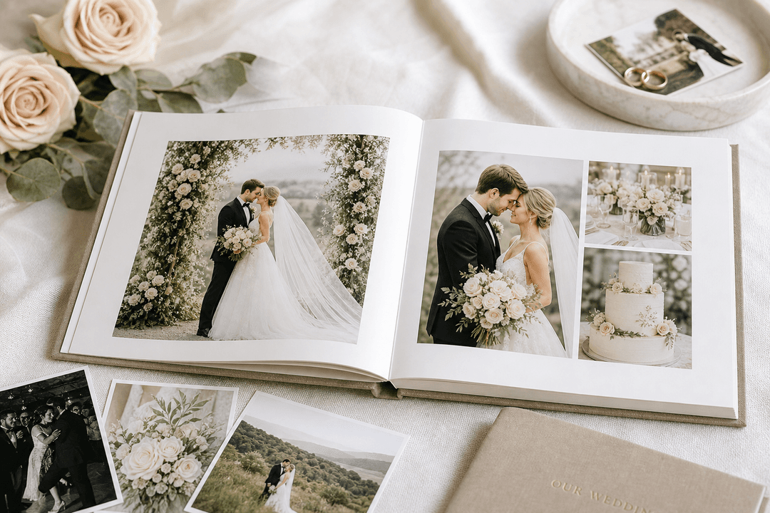 Elegant wedding photo book illustration on a table with printed photos