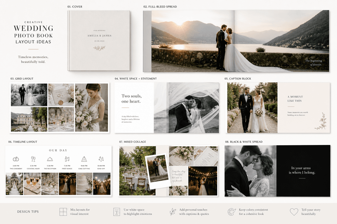 Creative wedding photo book layout with a dramatic full-bleed opening spread
