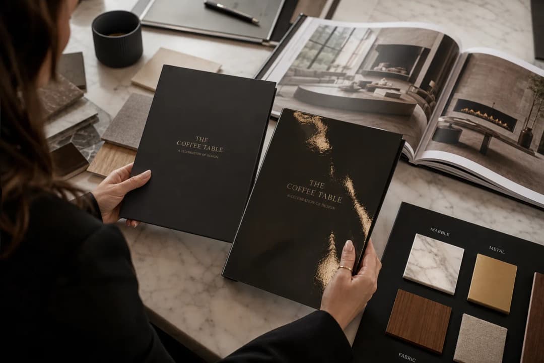 Designer comparing matte and gloss finishes for a luxury coffee table photo book