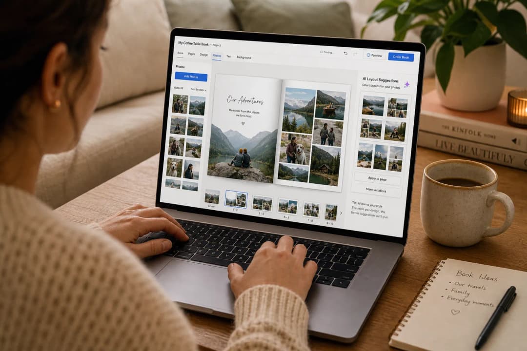 Person creating a personalized coffee table photo book on a laptop with AI-assisted layout suggestions