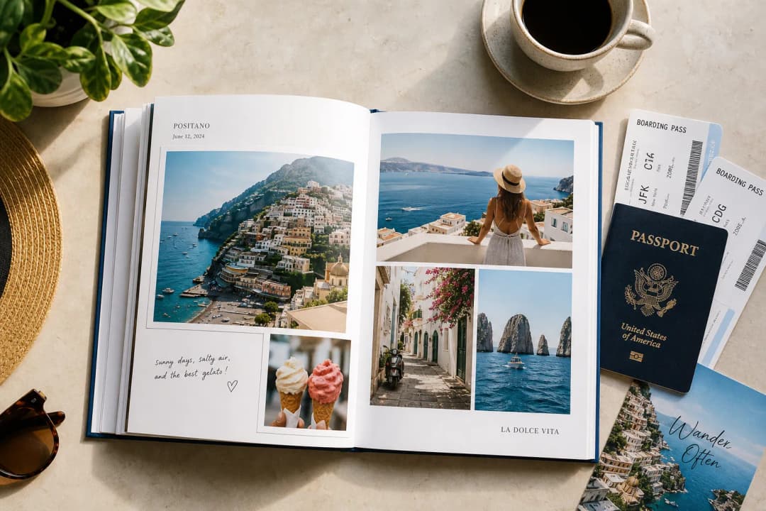 Travel photo book flat lay with printed vacation photos and passport