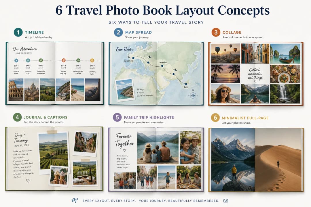 Infographic showing timeline, map, collage, journal, family highlights, and minimalist travel photo book layouts