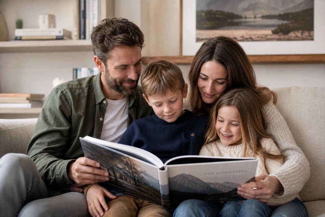 Family looking through a printed travel photo album on a sofa