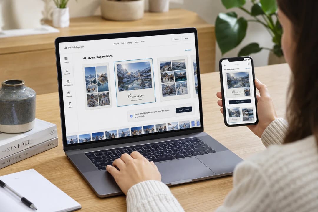 Person designing a holiday photo book online with AI