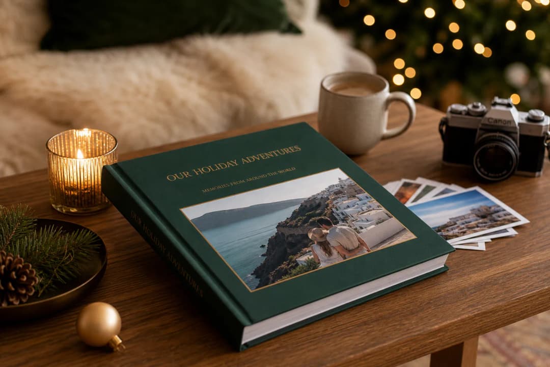 Holiday photo book on a cozy coffee table