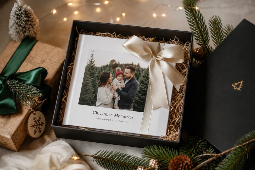 Christmas photo book gift box with festive wrapping
