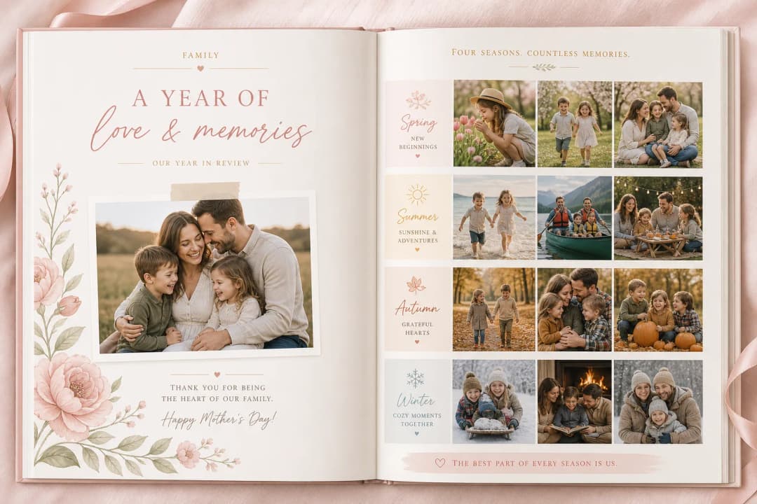 Family year in review Mother's Day photo book spread