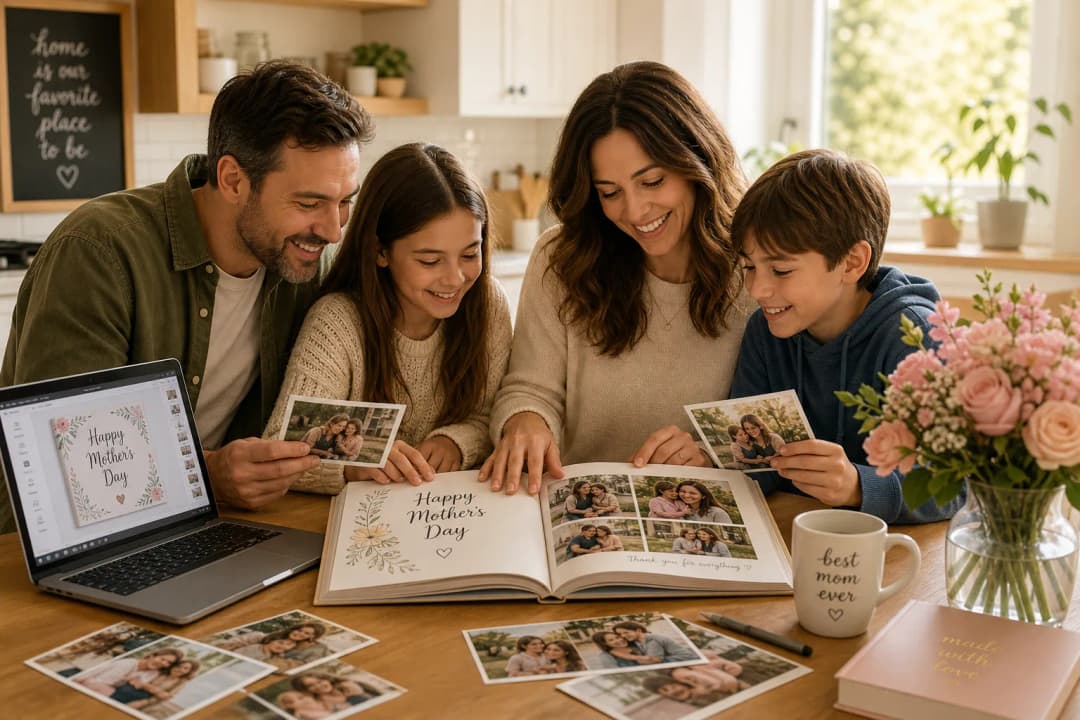 Family creating a Mother's Day photo book together at a kitchen table