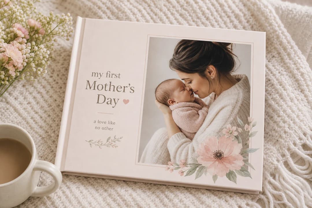 First Mother's Day photo book with new mom and baby